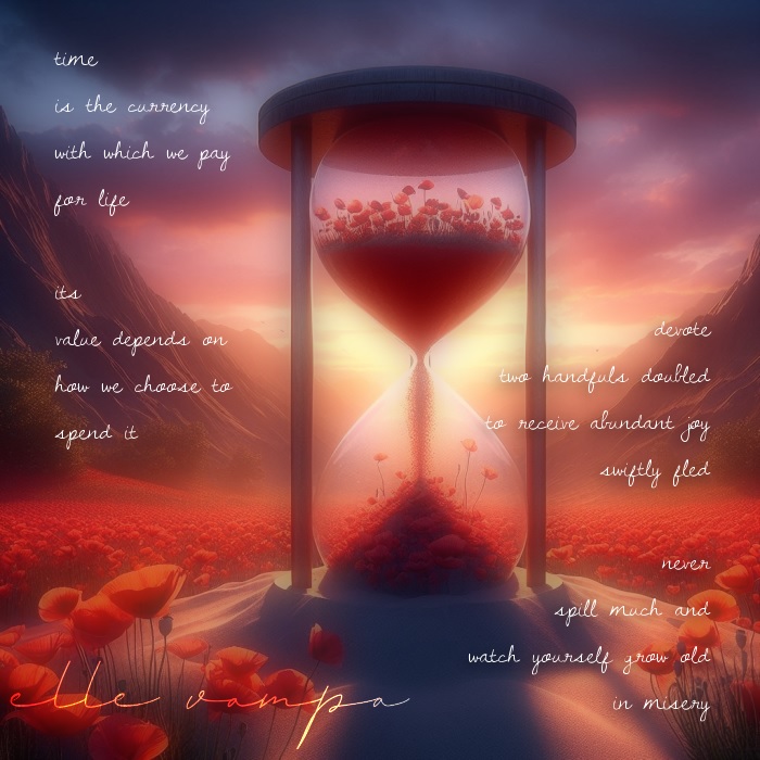 time
is the currency
with which we pay
for life
its
value depends on
how we choose to
spend it
devote
two handfuls doubled
to receive abundant pleasure
swiftly fled

never
spill much and
watch yourself grow old
in misery